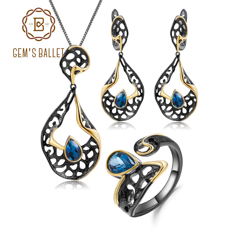 GEMS BALLET 925 Sterling Silver Natural London Blue Topaz Handmade Ring Earrings & Pendant Jewelry Set