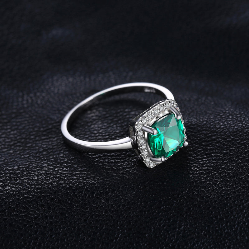 925 Silver Simulated Nano Emerald Halo Engagement Ring for Women