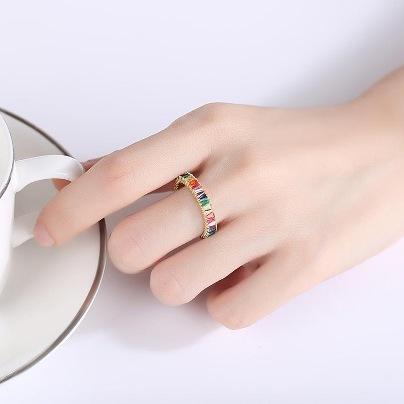PAG&MAG Colorful Cubic Zircon Rainbow Baguette Rings For Women 100% 925 Sterling Silver Womens Ring Engagement Fine Jewelry