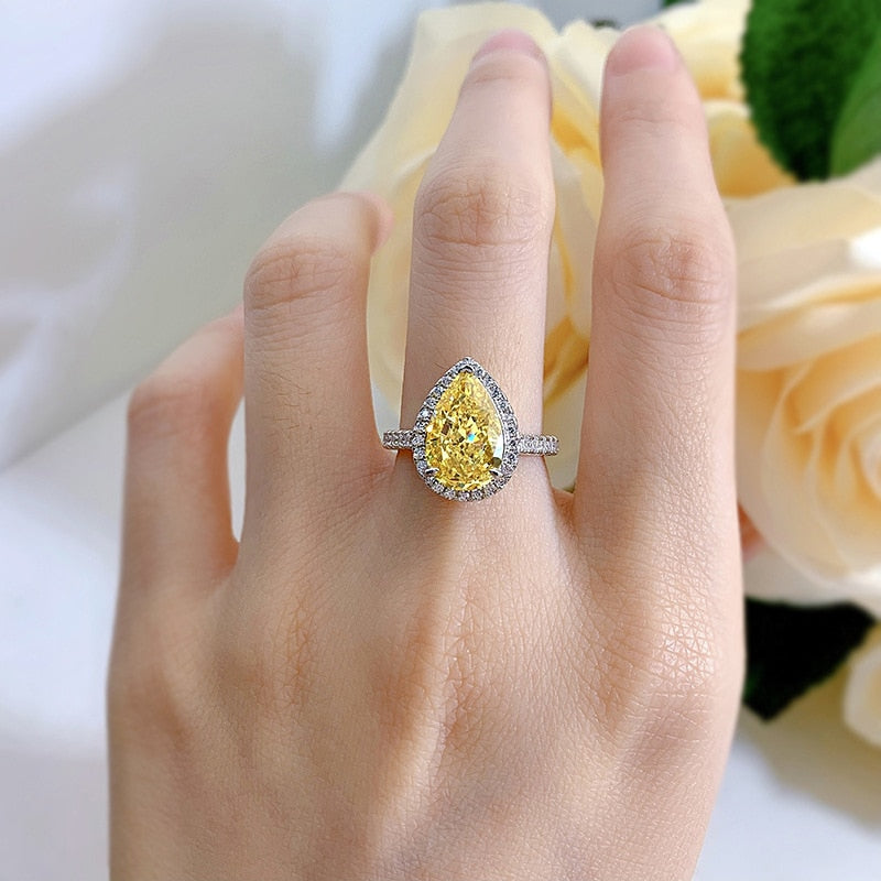 OEVAS 100% 925 Sterling Silver 8*12mm Yellow Water Drop High Carbon Diamond Rings For Women Sparkling Wedding Fine Jewelry Gift