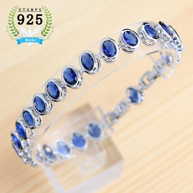 925 Sterling Silver Sapphire Bracelet, Adjustable 19cm+2cm, for Woman