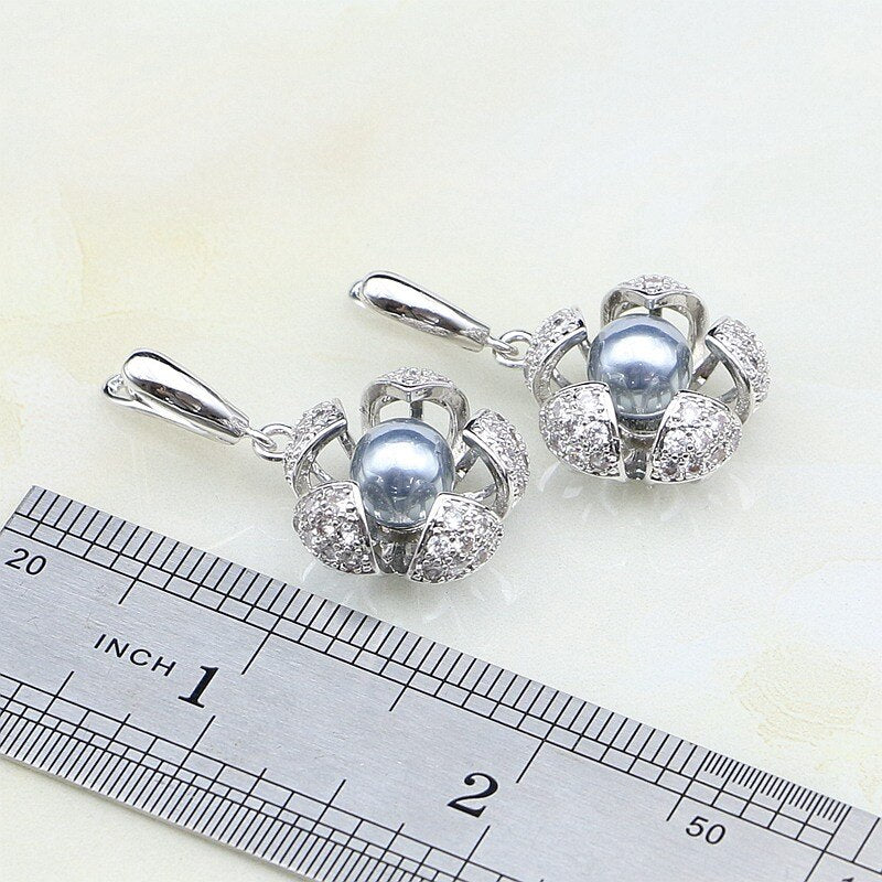 Sterling Silver White Cubic Zirconia and Gray Pearl Jewelry Set for Women