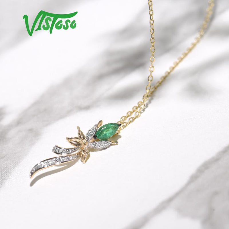 14K Yellow Gold Emerald Diamond Pendant for Her