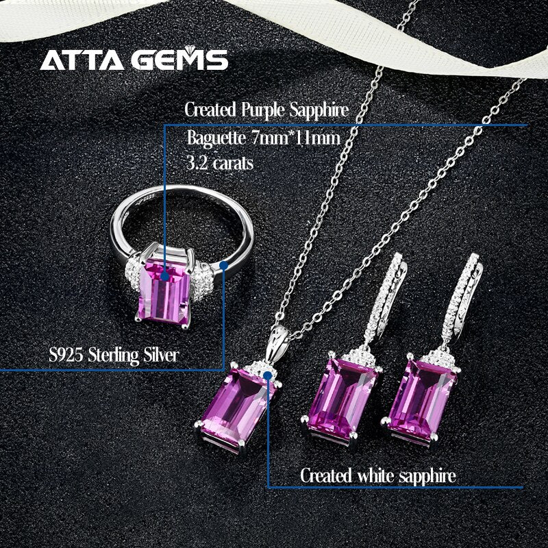 925 Sterling Silver 12.8 Carats Created Purple Sapphire Jewelry Set