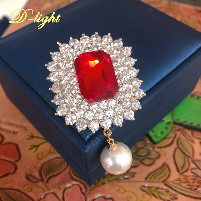 Sterling Silver Pearl Pendant with Ruby and Zircon Brooch for Ladies