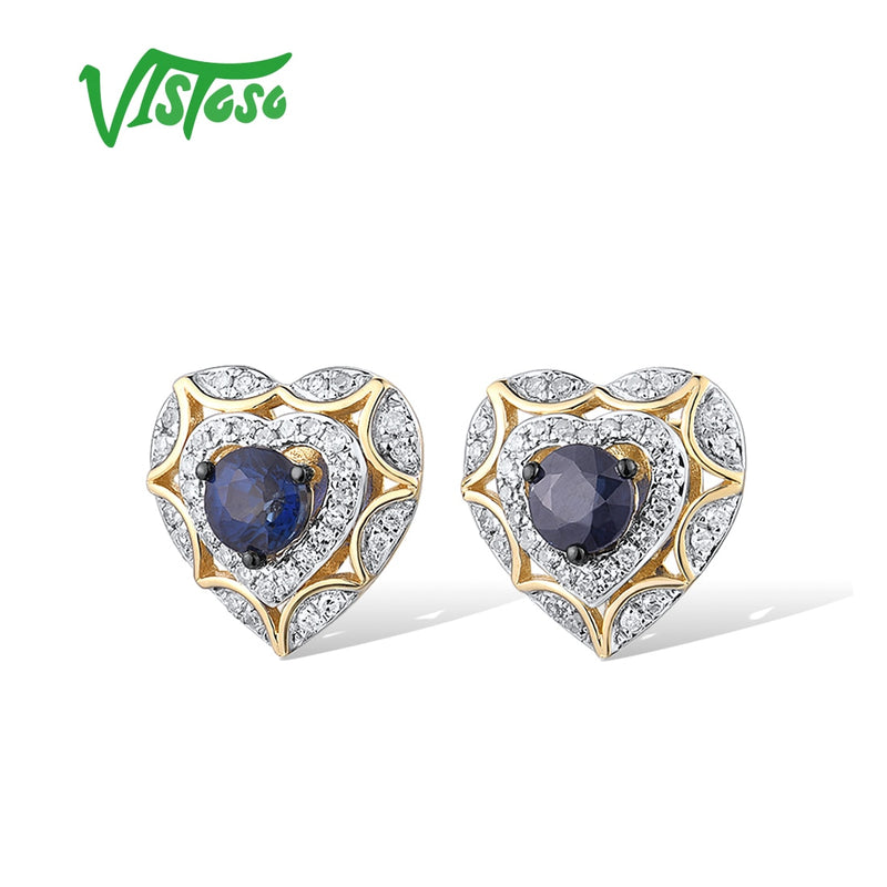 14K Yellow Gold Blue Sapphire Diamond Heart Stud Earrings for Women