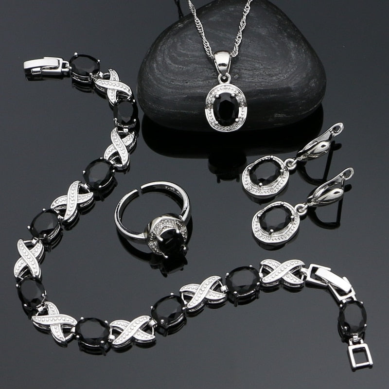 Sterling Silver Black Stone Jewelry Set for Women