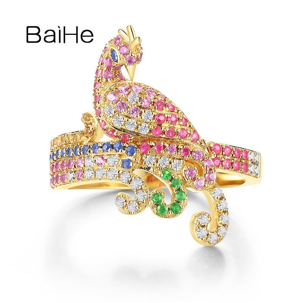 14K Yellow Gold Bird Ring with Sapphire, Diamond & Tsavorite for Women