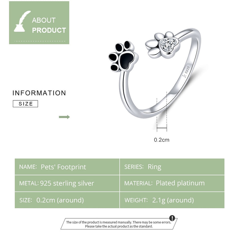 925 Sterling Silver Black Zircon Dog Paw Open Ring for Women