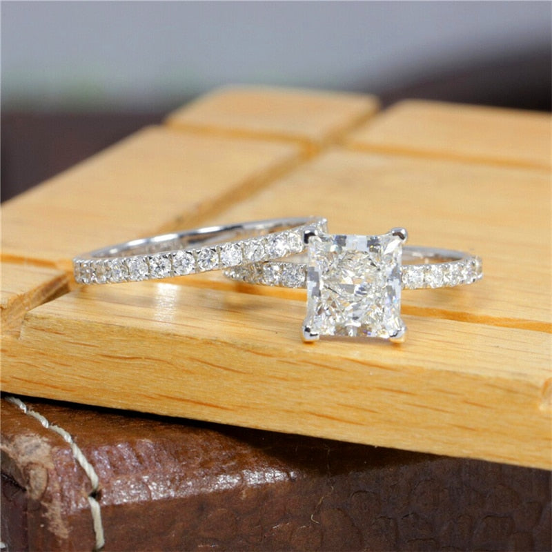 14K Gold 2.0CT Moissanite Princess Cut Half Band Ring Set for Women