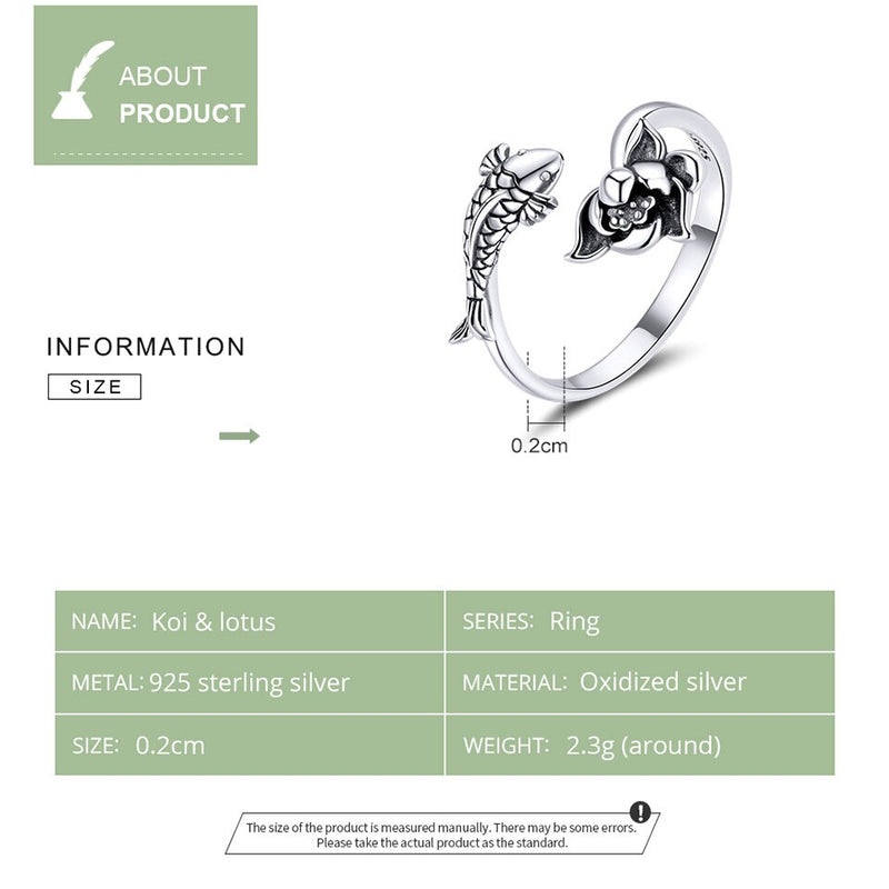 925 Sterling Silver Lotus Koi Fish Ring for Women