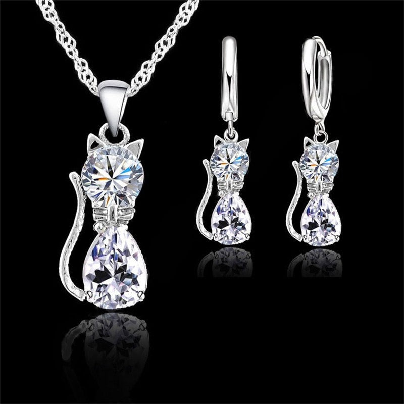 Sterling Silver Austrian Crystal Cute Cat Necklace Huggie Earrings Set for Women