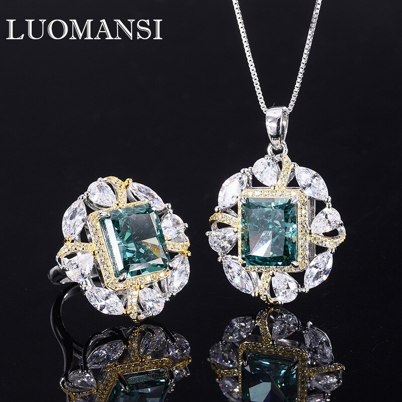 Luomansi 10*12MM Mint Green Yellow High Carbon Diamond Womens Jewelry Set Ring Necklace S925 Silver Wedding Party Birthday Gift