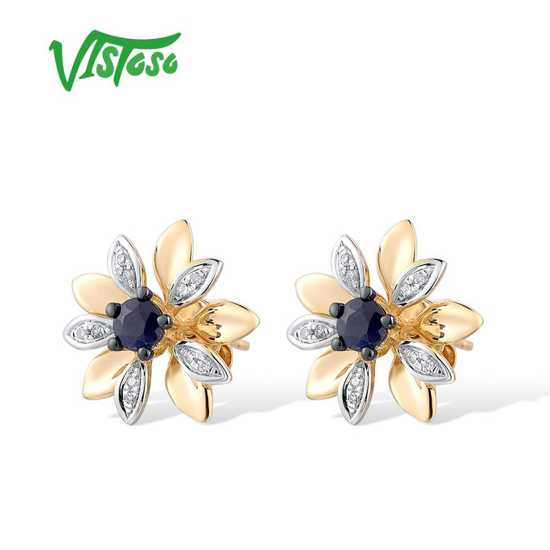 14K Yellow Gold Blue Sapphire Diamond Flower Stud Earrings for Women