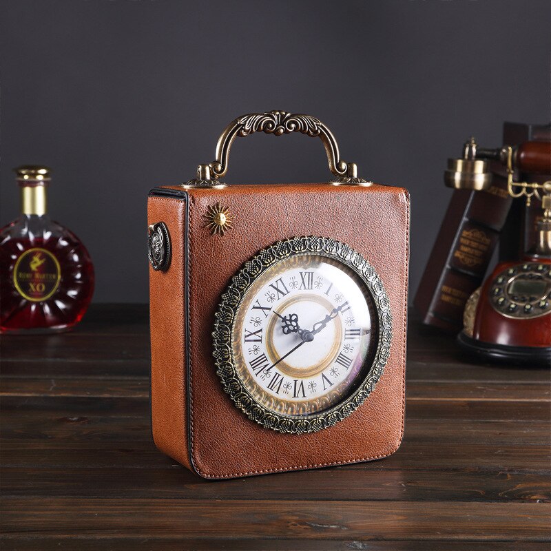 Goldtone Faux Leather Shoulder Bag with Alarm Clock for Women
