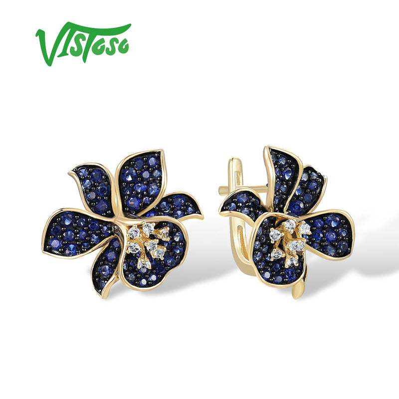 VISTOSO Gold Earrings For Women 9K 375 Yellow Gold Sparkling Lab Created Sapphire White Topaz Blue Lily Flower Fine Jewelry