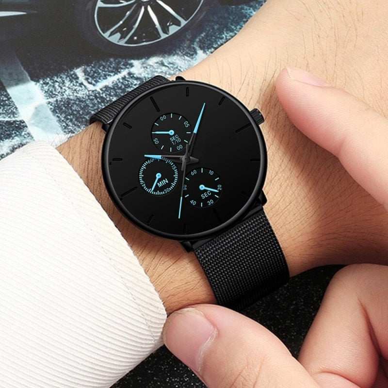 Fashion Mens Business Black Stainless Steel Ultra Thin Mesh Belt Quartz Men Wrist Watch