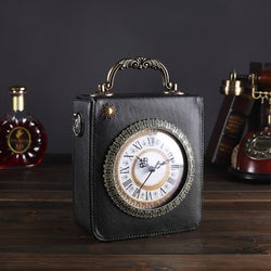 Goldtone Faux Leather Shoulder Bag with Alarm Clock for Women