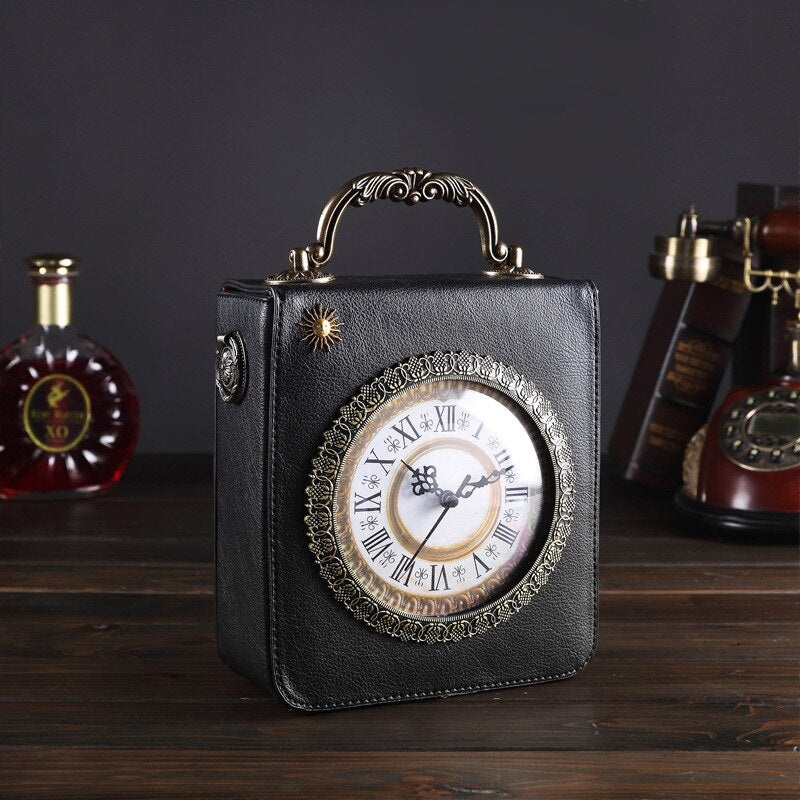 Goldtone Faux Leather Shoulder Bag with Alarm Clock for Women