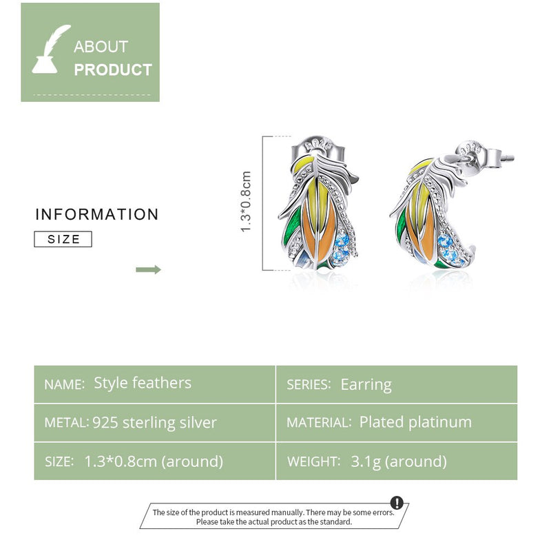 925 Sterling Silver Colored Feather Stud Earrings for Women