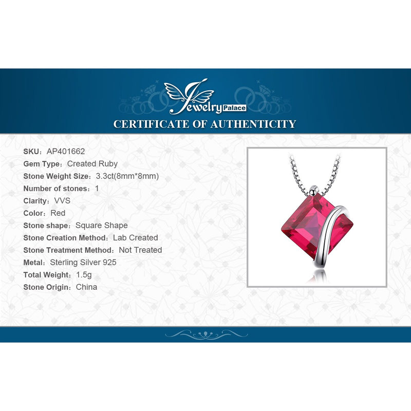 925 Sterling Silver Created Red Ruby Square Pendant Necklace Choker For Women