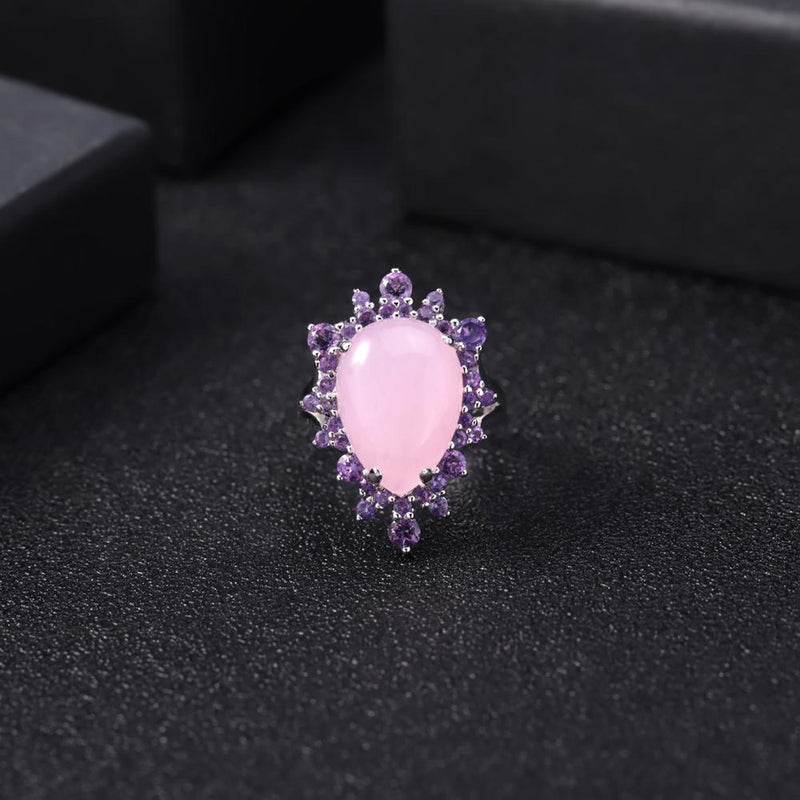 GEMS BALLET 925 Sterling Silver Natural Pink Chalcedony Ring Earrings & Pendant Vintage Jewelry Set