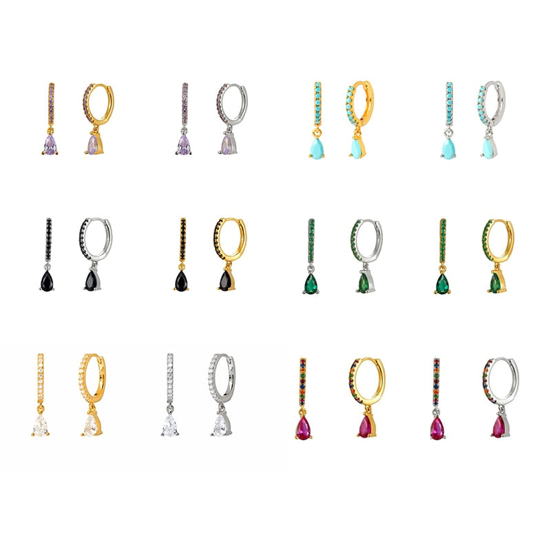 Trendy 925 Sterling Silver Water Drop Rainbow Crystal Hoop Earrings