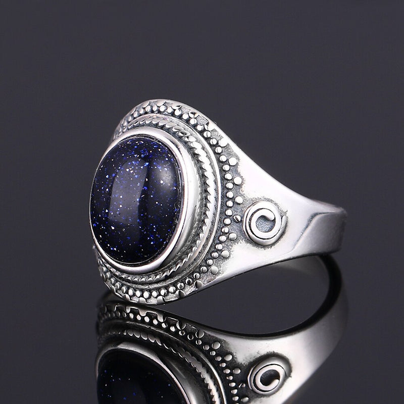 925 Sterling Silver Vintage Big Blue Sandstone Ring
