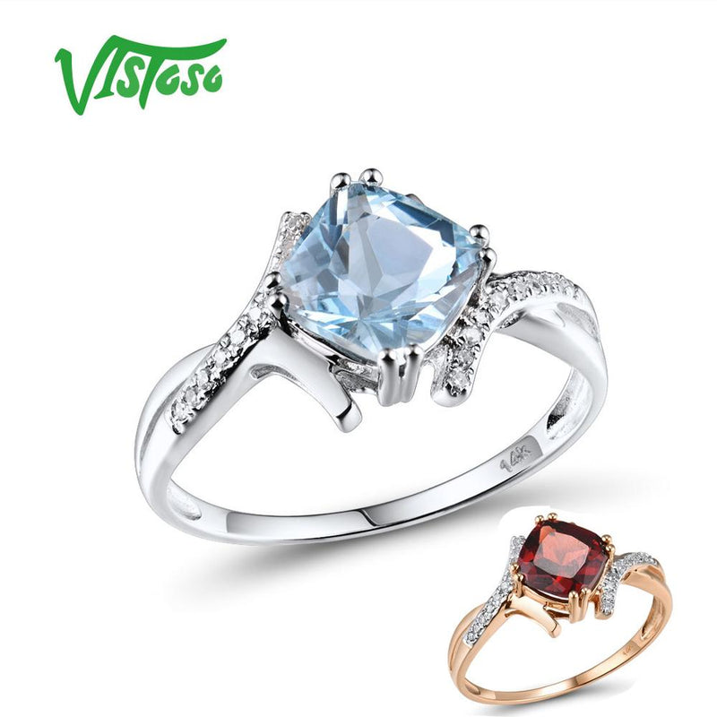 VISTOSO Genuine 14K 585 White Gold Sparkling Diamond Sky Blue Topaz Garnet Ring