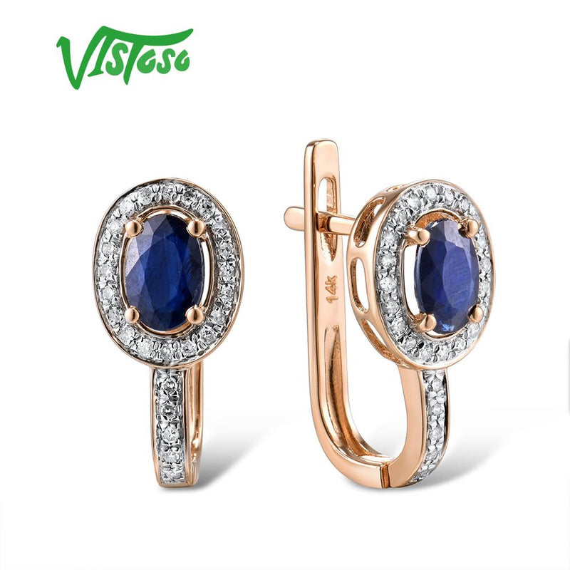 VISTOSO Genuine 14K 585 White/Rose Gold Sparkling Diamond Blue Sapphire Earrings