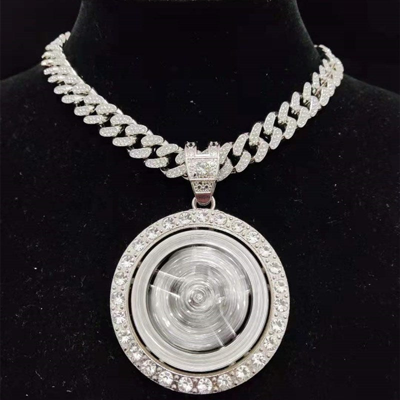 Silver Iced Out Bling Rotatable Dollar Pendant Necklace with 13mm Crystal Cuban Chain for Men