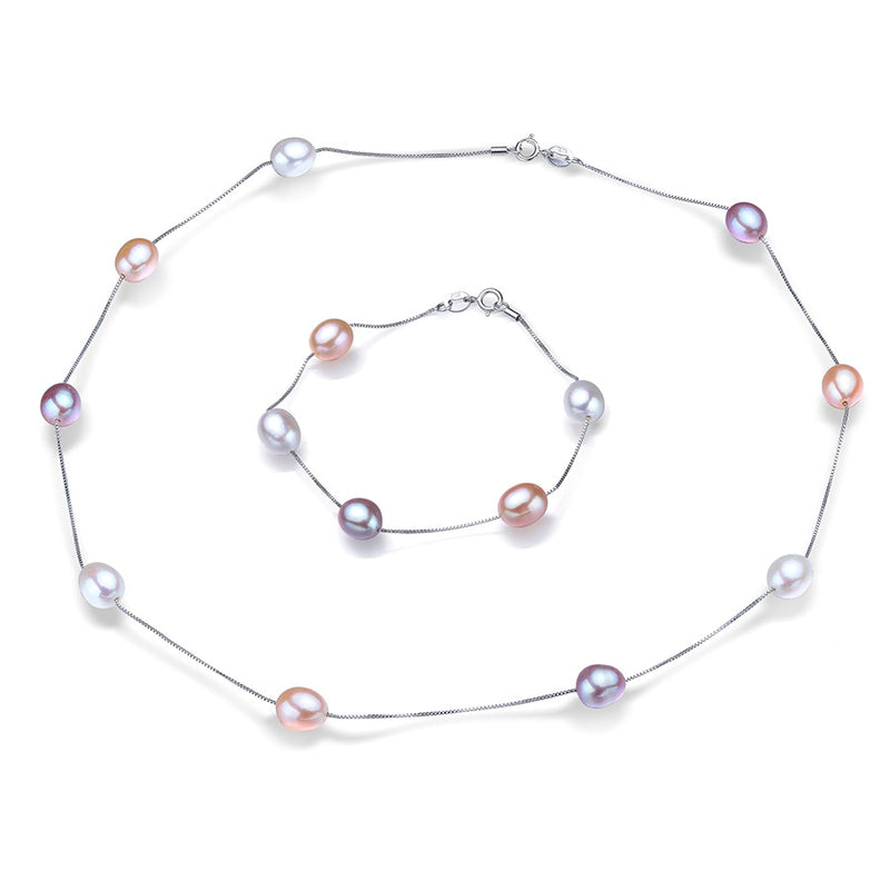 925 Sterling Silver Freshwater Pearl Necklace and Bracelet Set for Women