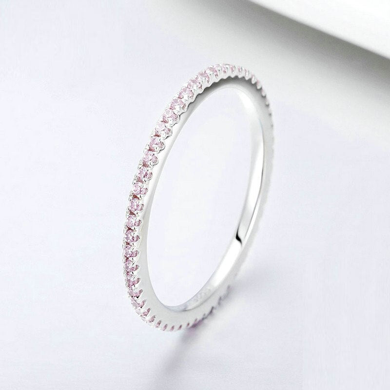SILVERHOO 925 Sterling Silver Simple Pink Crystal Geometric Ring