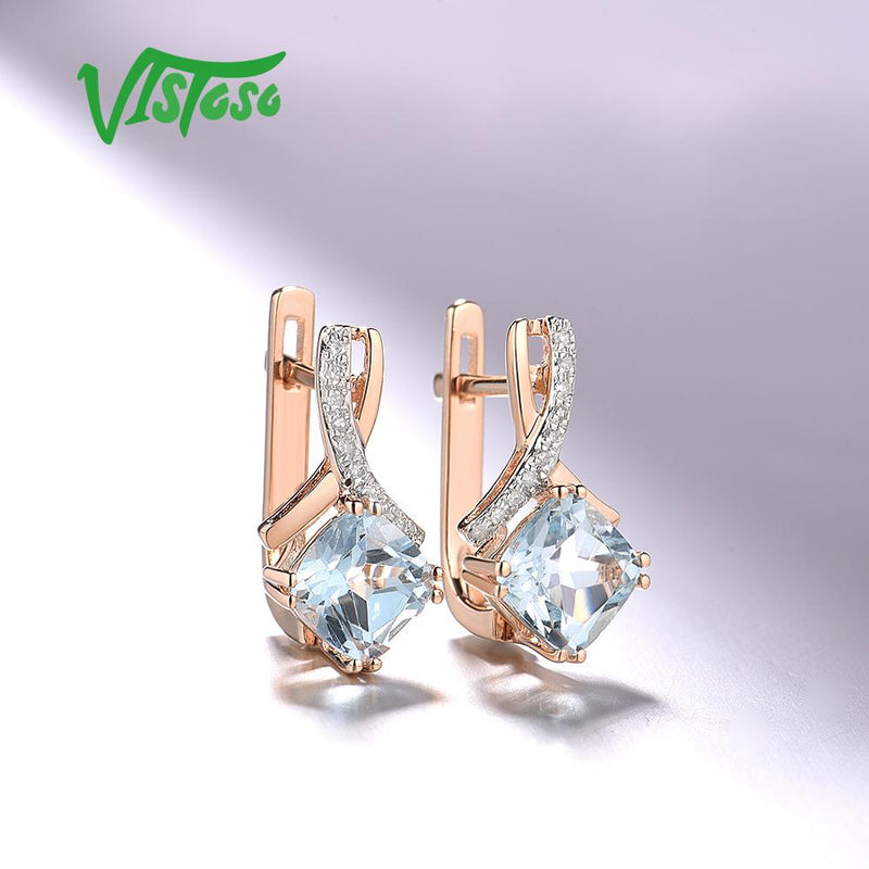 VISTOSO Genuine 14K 585 Rose Gold Radiant Garnet/ Blue Topaz Sparkling Diamond Earrings