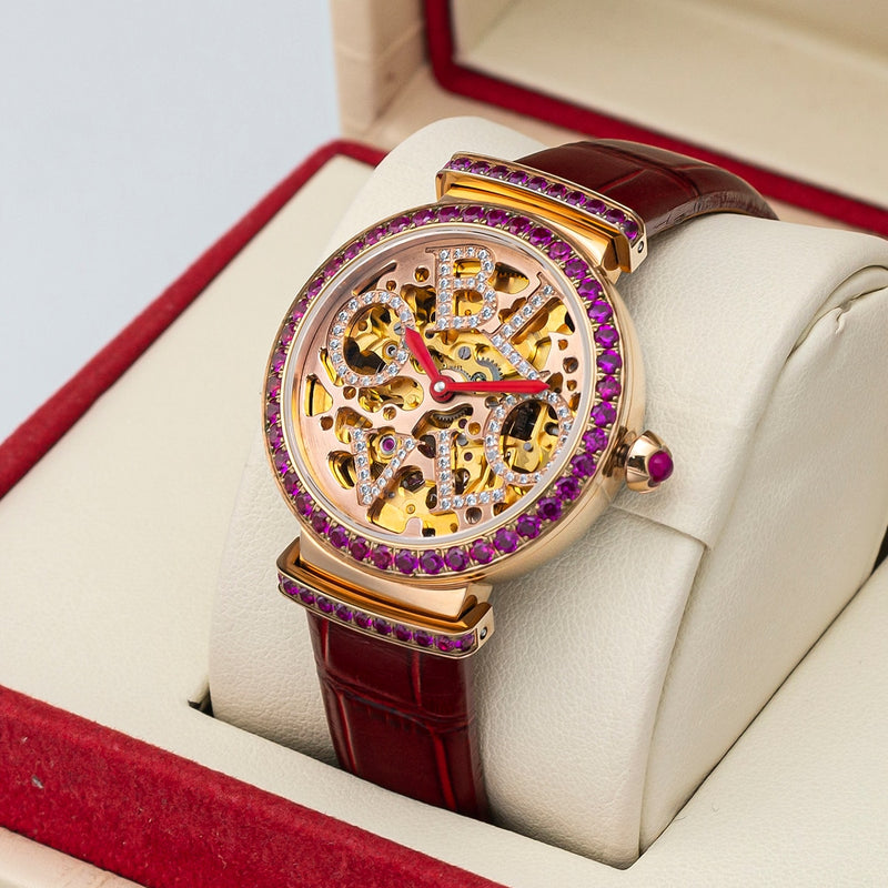 Rose Gold Auto Wristwatch with Leather Strap for Women