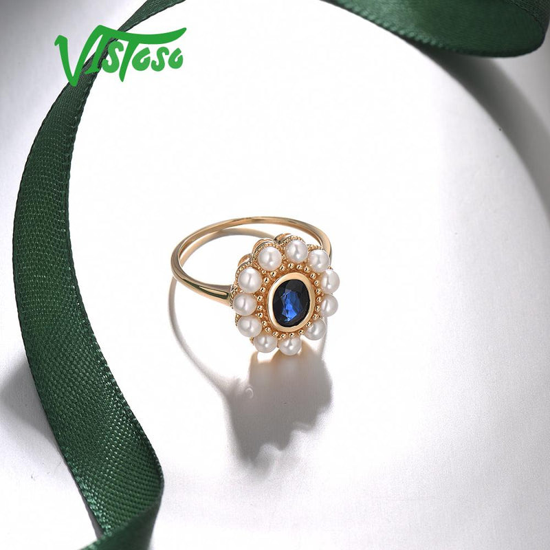 14K Yellow Gold Blue Sapphire and Freshwater Pearl Ring for Women