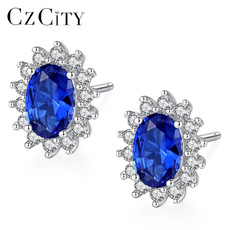 CZCITY Natural Royal Blue Sapphires Stud Earrings Solid 925 Sterling Silver