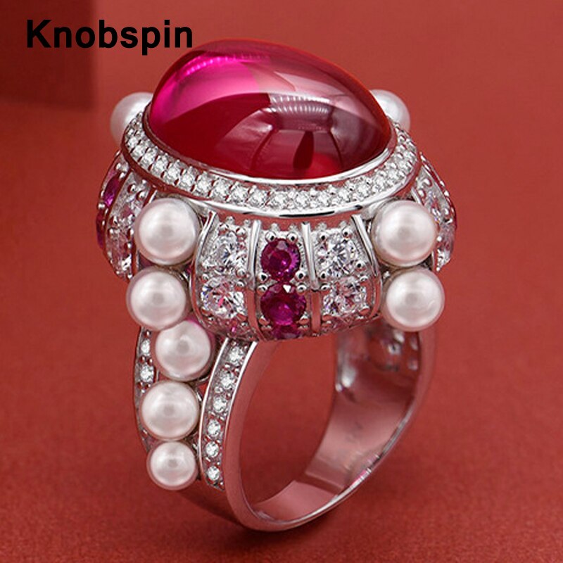 Knobspin Luxury 100% 925 Sterling Silver Wedding Ruby Rings For Women Sparkling 13*18mm High Carbon Diamond Party Fine Jewelry