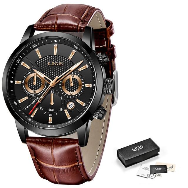 Stainless Steel Black Leather Waterproof Chronograph Watch for Men