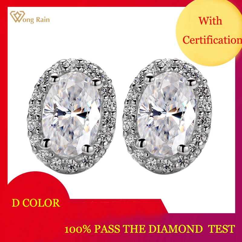 Wong Rain 100% 925 Sterling Silver VVS1 D Color Oval Cut Real Moissanite Gemstone Women Ear Studs Earrings Fine Jewelry With GRA