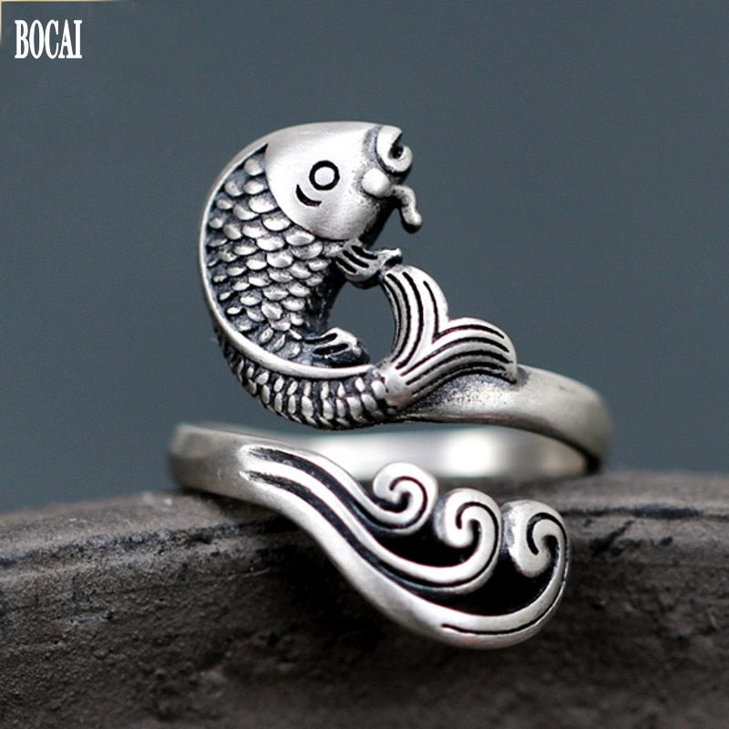 Solid S925 Sterling Silver Water Ripple Carp Ring for Woman