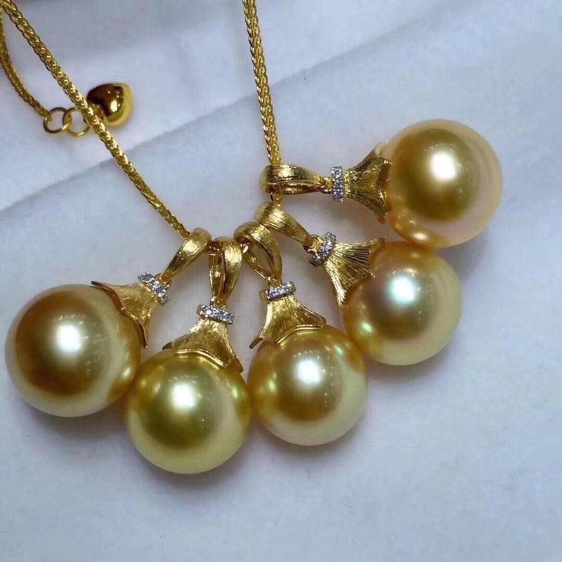 Fine Jewelry 18K Yellow Gold Natural Ocean Golden Pearl 11-12mm Pendant Necklace