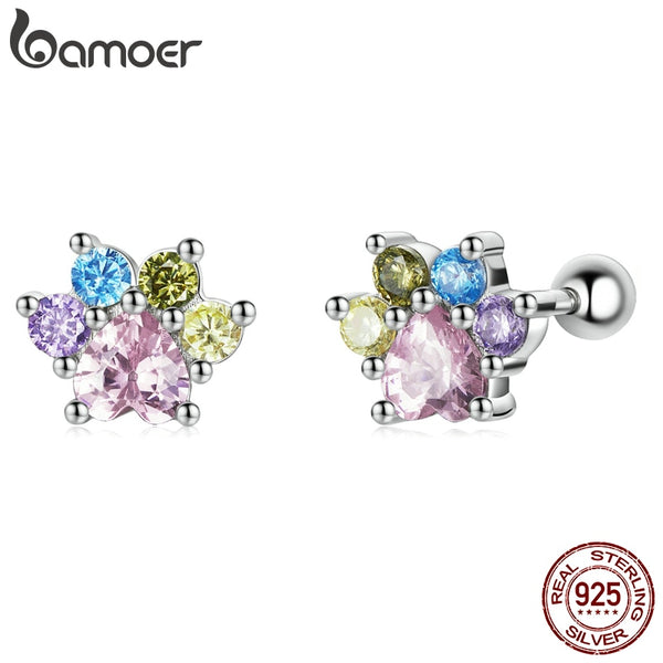 925 Sterling Silver Colorful Zirconium Paw Studs for Women