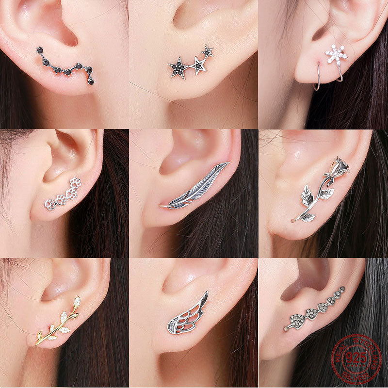 Trendy 925 Sterling Silver Feather Rose Flower Star Stud Earrings