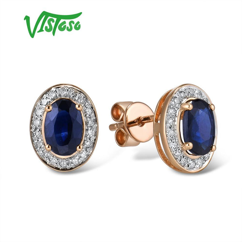 VISTOSO Pure 14K 585 Rose/White Gold Elegant Blue Sapphire Sparkling Diamond Stud Earrings