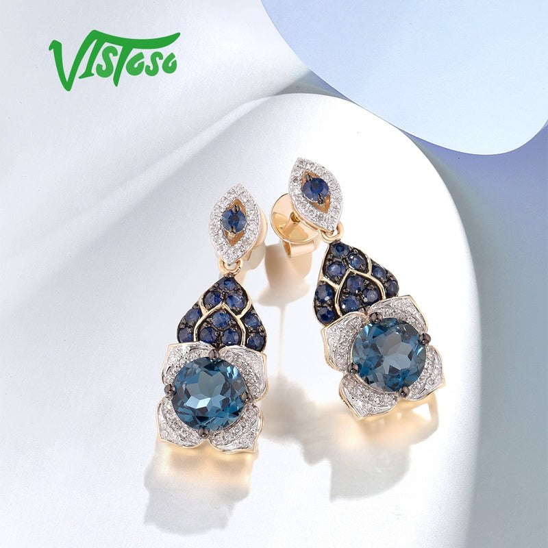 14K Yellow Gold Diamond and London Blue Topaz Sapphire Drop Earrings for Women