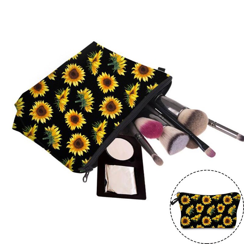 Fashion Cosmetic Bag Cute Toiletry Tool Classic Organizer Bag Polyester Sunflowers Pattern Pouch Beauty Makeup Bag Travel Case