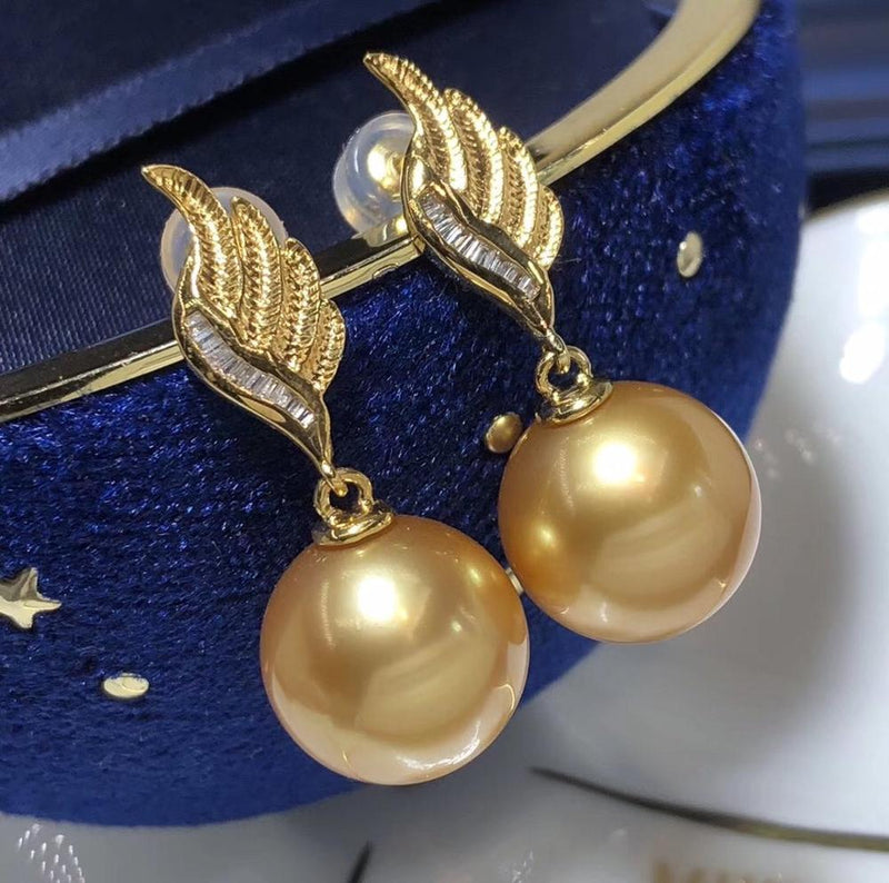Solid 18K Gold Natural 11-12mm Ocean Golden Pearls & Diamonds Drop Earrings