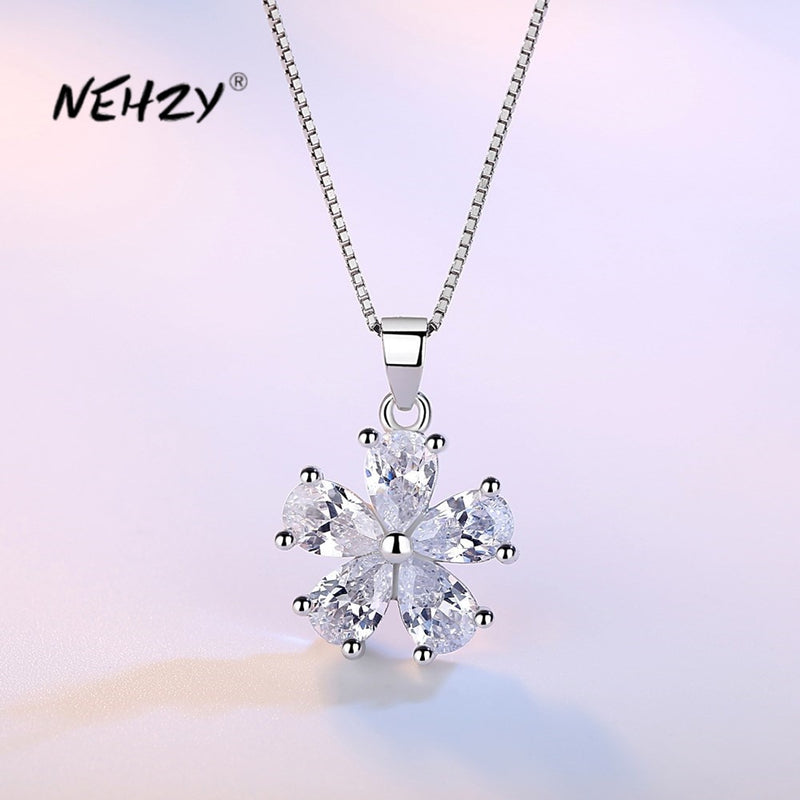 NEHZY 925 Sterling Silver New Woman Fashion Jewelry High Quality Simple Crystal Zircon Flower Pendant Necklace Length 45CM