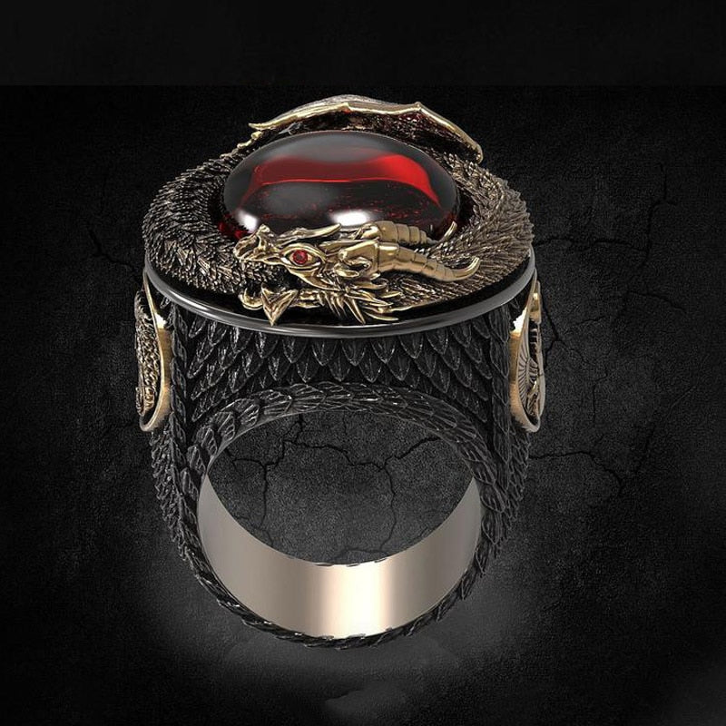 Vintage Stainless Steel Dragon Ring with Red Crystal